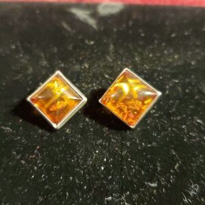 Antique STERLING Silver‎ 925 Baltic Amber Clip-On Earrings Signed DF